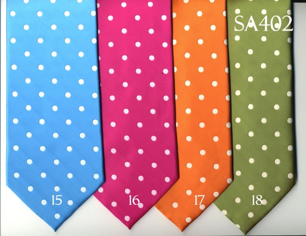 Eight vibrant ties from the Polka-Dot Tie & Handkerchief Set (SA402) by Unique Design Menswear are displayed, labeled from 1 to 8. Each tie harmonizes beautifully with the elegant SA402 collection.