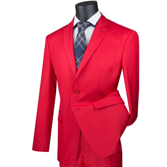 A black mannequin dons the Vinci Slim Fit 2 Piece 2 Button Suit in Red (SC900-12) by Vinci Suits, coupled with a blue checkered tie and a crisp white dress shirt, showcasing wrinkle-resistant elegance.