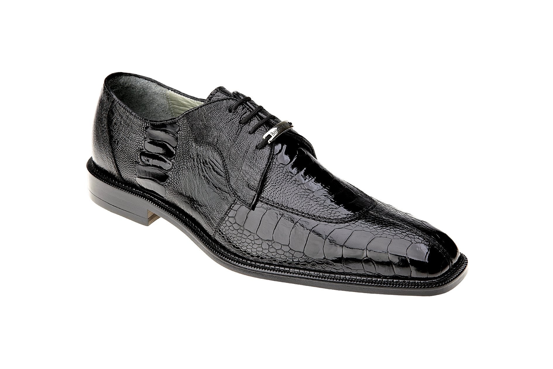 Men's footwear: Black polished Belvedere - Siena, featuring a textured genuine ostrich leg pattern and sleek side view, complete with premium leather lining for added comfort. Available in size 10 only.