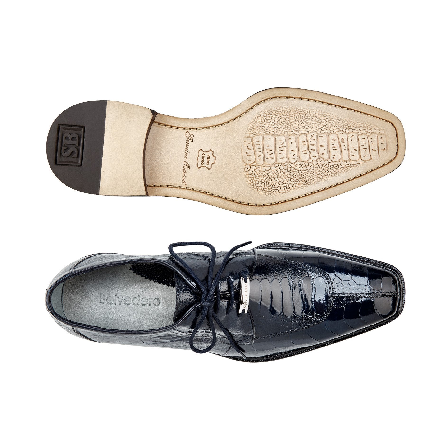 Side view of the Belvedere - Siena genuine ostrich leg dress shoe in navy, featuring laces and a cushion insole for added comfort, on a white background.