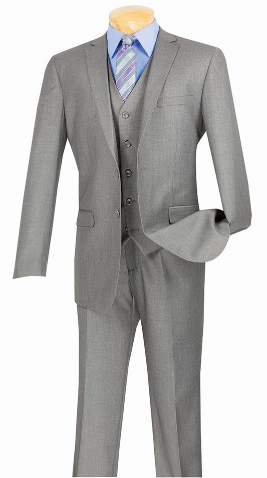 A Vinci Suits medium gray SV2900 slim fit three-piece suit, complemented by a blue shirt and striped tie, is elegantly displayed on a mannequin.