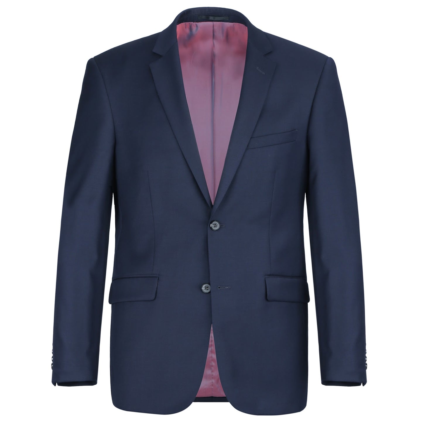 Introducing the Alessandro Vitello by Renoir, a navy 2-piece slim fit suit crafted from 100% wool. This sophisticated ensemble features a notch lapel with a two-button blazer and matching pants. Its twill weave offers an elegant texture, complemented by a stylish pink interior lining for added contrast.