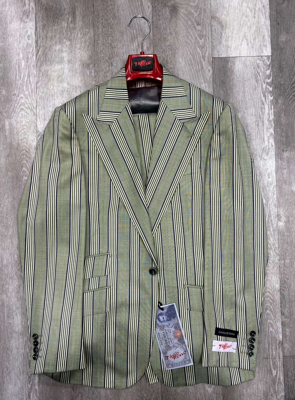 Tiglio Rosso Orvietto Green/Periwinkle Stripe Wool Suit/Vest TL2634 (Single Pleated Regular Fit)