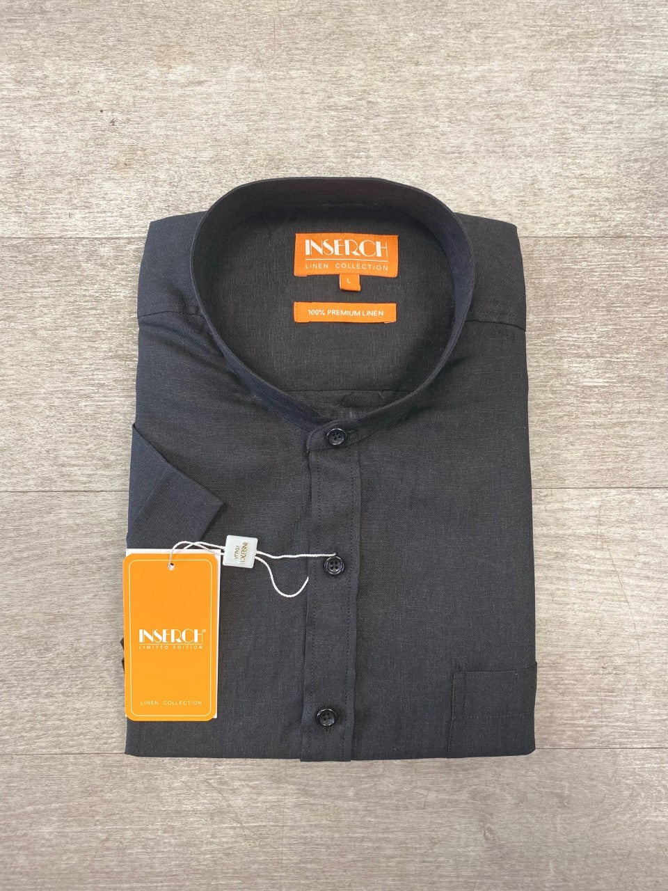 Premium Linen Banded Collar Short Sleeve Shirt - Black