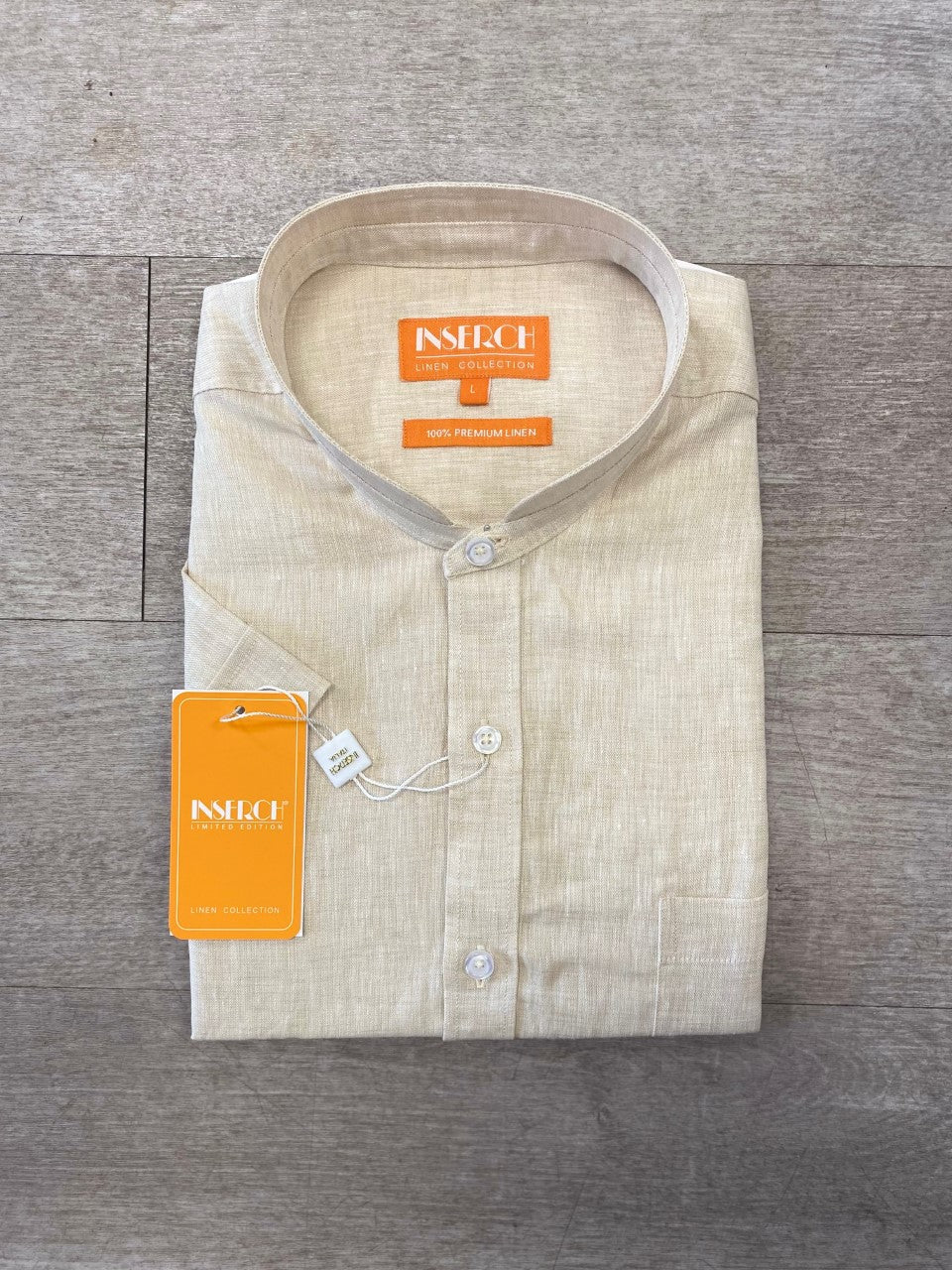 Premium Linen Banded Collar Short Sleeve Shirt - Oatmeal