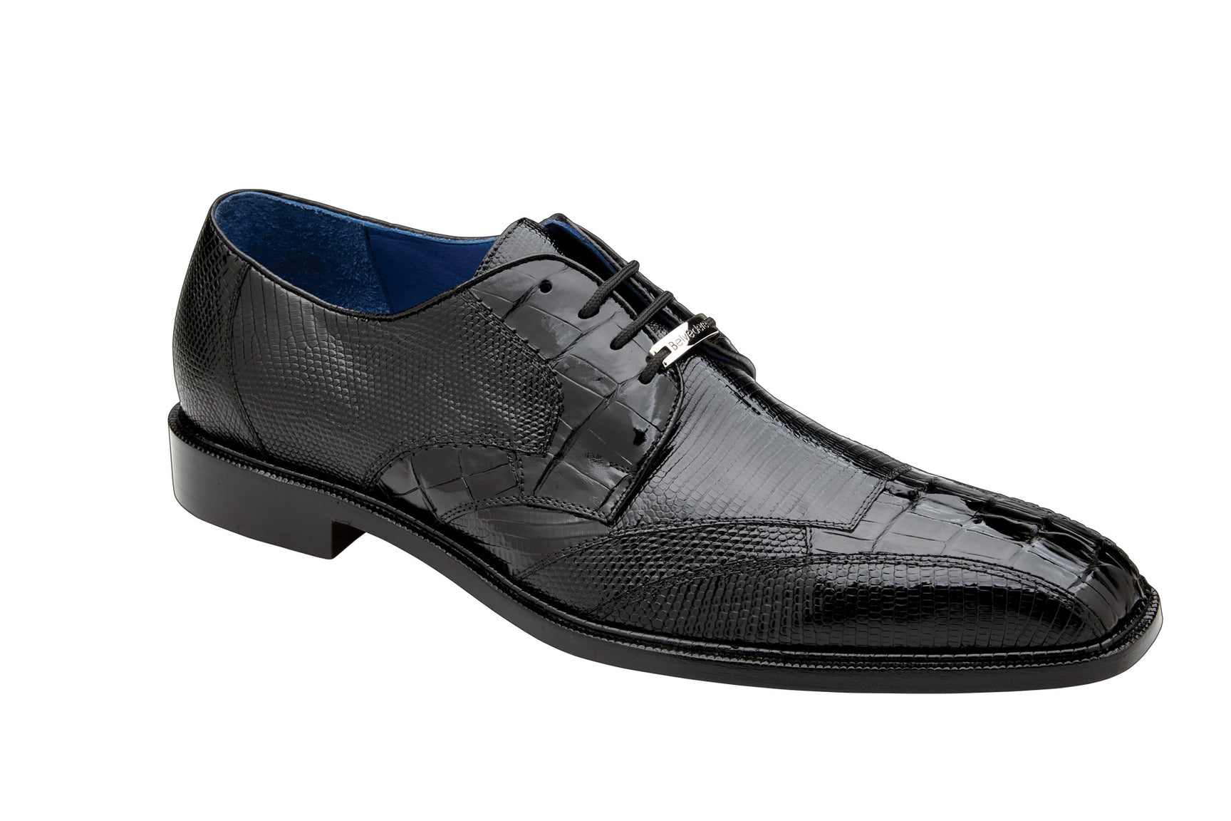 The Belvedere Valter dress shoe in black showcases a side view of an intricate textured pattern, complemented by laces and meticulously crafted with a luxurious genuine caiman crocodile and lizard leather sole.