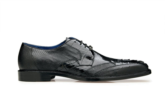 The Belvedere Valter dress shoe in black showcases a side view of an intricate textured pattern, complemented by laces and meticulously crafted with a luxurious genuine caiman crocodile and lizard leather sole.