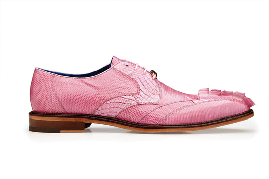 Rose pink dress shoe in genuine caiman crocodile and lizard from Belvedere, known as the Valter - 1480, featuring intricate detailing and a light brown sole, complemented by decorative toe ruffles and a sumptuous leather lining. Available in sizes 9.5, 12, and 13 (in-store only).