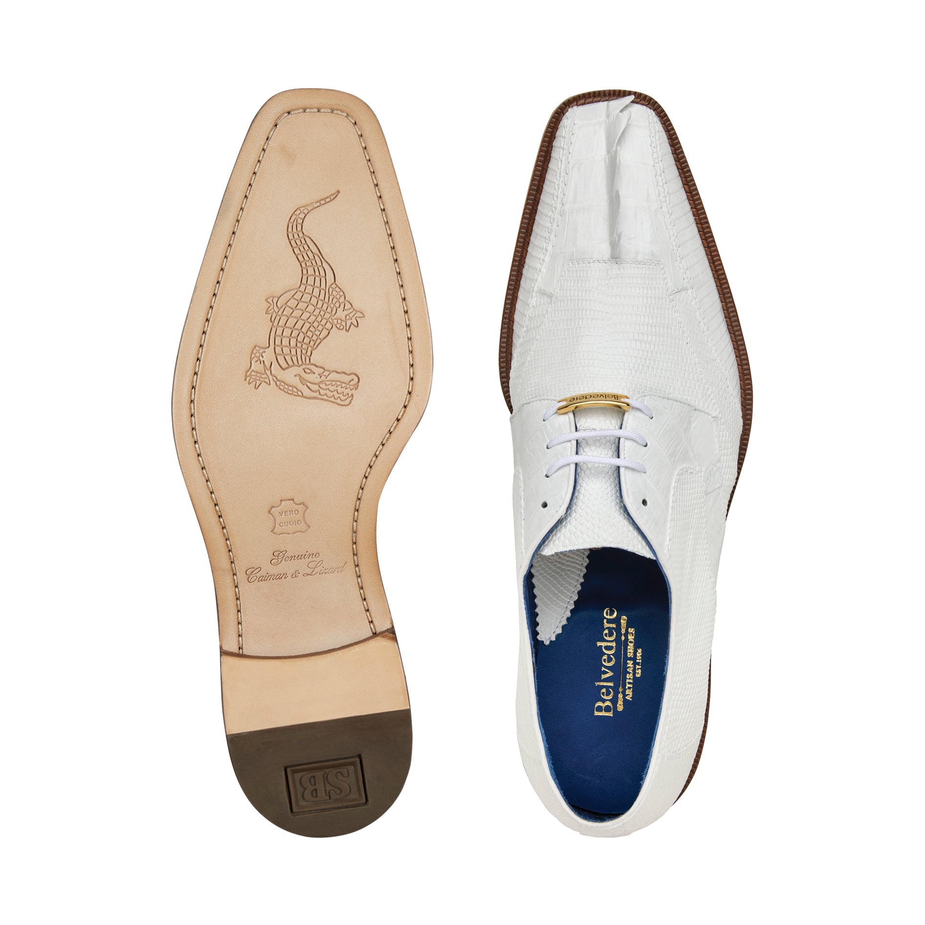 Presenting the Belvedere - Valter, an elegant shoe crafted from genuine Caiman crocodile and lizard leather in a white finish. This lace-up dress shoe features a wooden sole, low heel, and luxurious leather lining, showcased beautifully in a profile view.