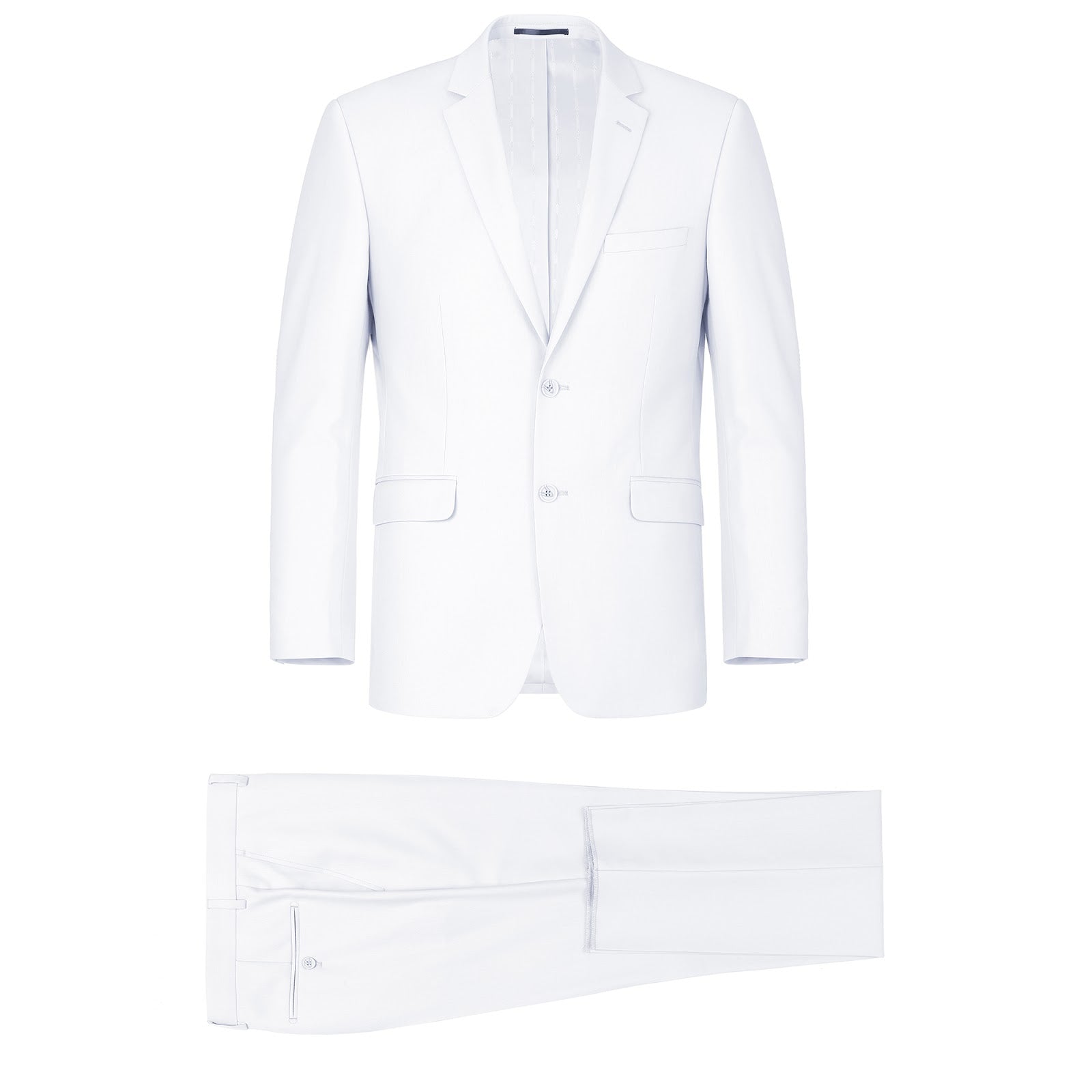 The RENOIR White 2-Piece Classic Fit Single Breasted Notch Lapel Suit 201-6 by Renoir, featuring a jacket and trousers, is showcased against a plain background, offering lightweight comfort with its classic fit.