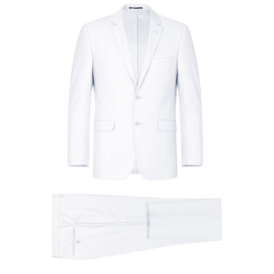 The Alessandro Vitello by Renoir white two-piece classic fit suit, featuring a single-breasted notch lapel blazer and matching trousers, is showcased against a plain background, highlighting its lightweight comfort perfect for office wear.