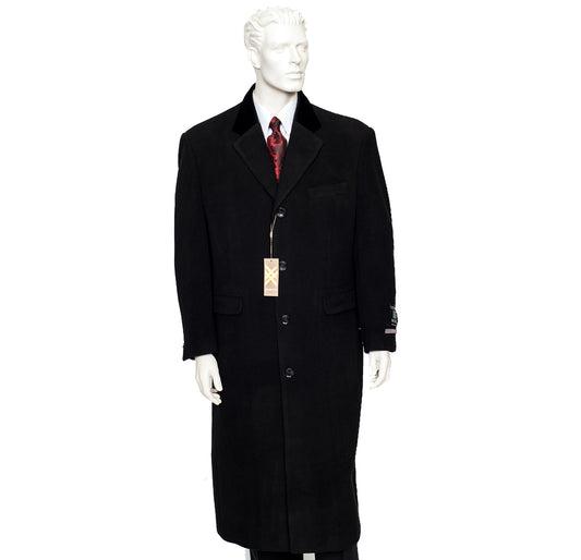 A mannequin wearing the Carmel Zhao XXIOTTI Cashmere/Wool Overcoat Black 77000 paired with a red tie, with a tag attached to the coat.