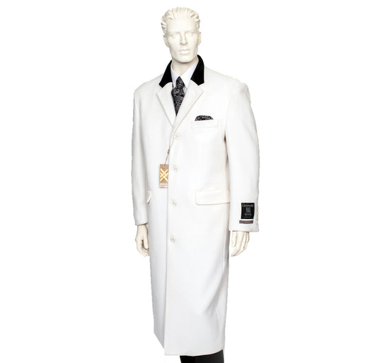 Dressed on the mannequin is a Carmel Zhao XXIOTTI Cashmere/Wool Overcoat in winter white, featuring black collar detailing, complemented by a patterned tie. The coat displays visible tags.