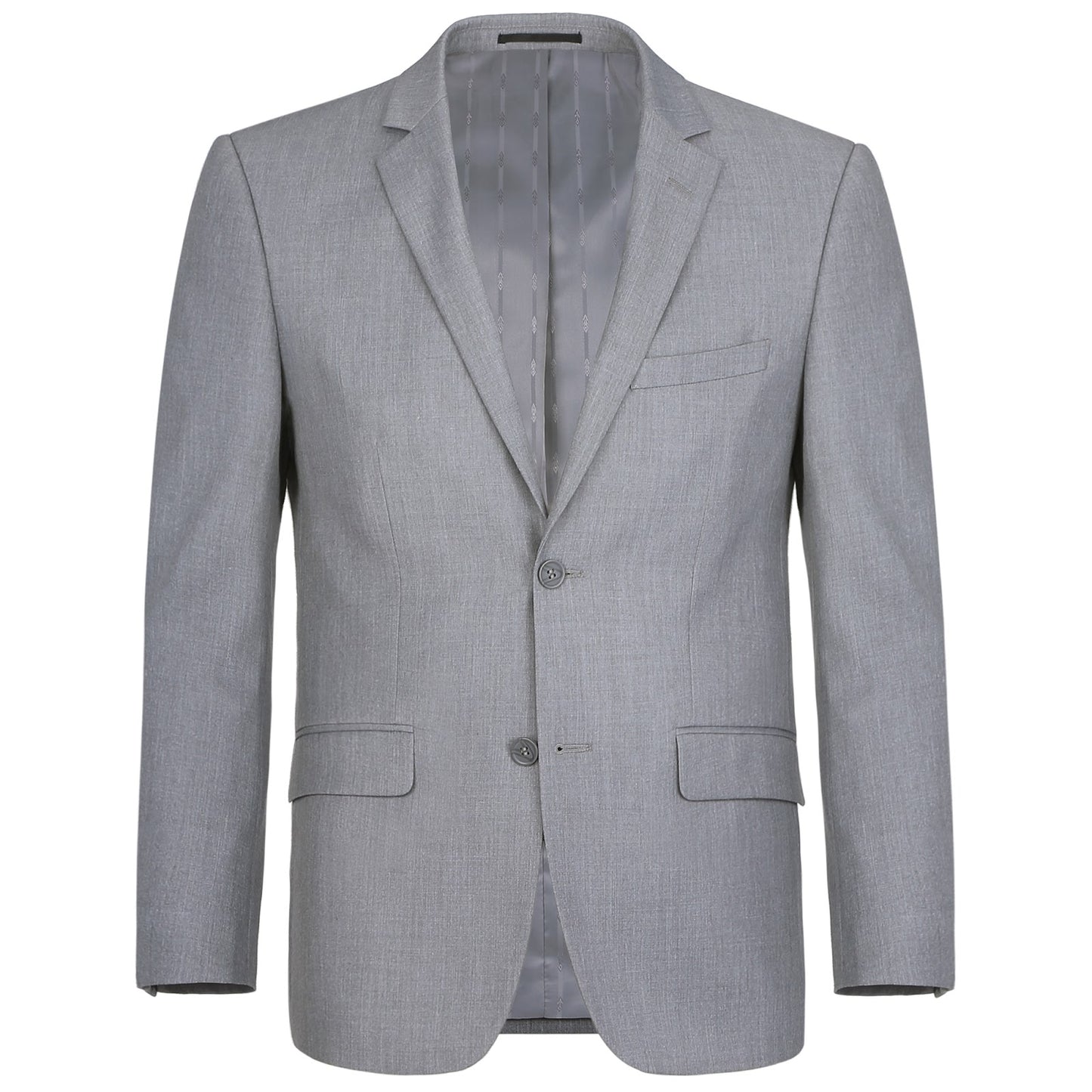 A slim fit men's gray two-piece suit from the Renoir brand, featuring a single-breasted blazer with two buttons and matching trousers, known as the Alessandro Vitello by Renoir 2-Piece Suit 202-2.